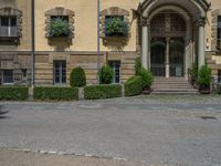 large yellow building with some plants and bushes in front of it for decoration or entertainment