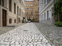 a cobblestone road with a bench in between the buildings and benches on each side