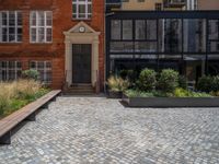 several plants sit in decorative concrete planters along the sidewalk of a building that is very modern