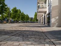 brick walk way outside a building with trees on either side and buildings in the background