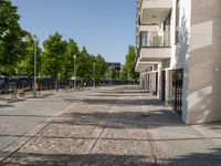 brick walk way outside a building with trees on either side and buildings in the background