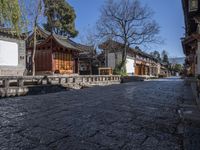 a quiet stone street lined with old chinese buildings and green trees in the background of blue skies