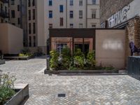 several plants sit in decorative concrete planters along the sidewalk of a building that is very modern