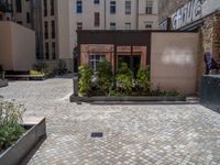 several plants sit in decorative concrete planters along the sidewalk of a building that is very modern