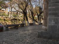 an empty bench sits on a cobblestone street next to some trees and a hill