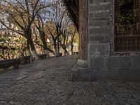 an empty bench sits on a cobblestone street next to some trees and a hill