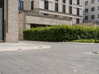 a sidewalk with cobblestone walkway next to a building and trees and bushes and a bench