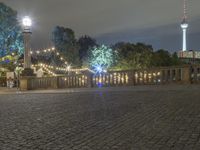 a person is standing on an empty brick walkway by the tv tower and trees with lights