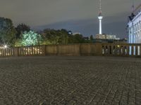 a person is standing on an empty brick walkway by the tv tower and trees with lights