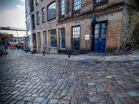 two tall buildings in a narrow alley with cobblestone street below it and a tree in front