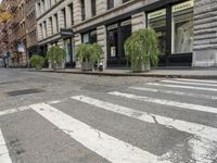 a cobblestone street and some buildings are shown at the intersection of two roads