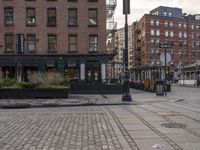 the sidewalk on a brick city street has many potted plants and small potted trees