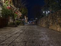 a cobblestone street at night with lights on, in a city area with many buildings