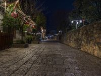 a cobblestone street at night with lights on, in a city area with many buildings