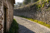 the cobblestone street is lined with stone buildings and trees in the background on a sunny day