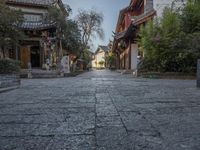 the street leads to many buildings and buildings in a row, on both sides of the streets are trees