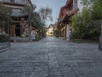 the street leads to many buildings and buildings in a row, on both sides of the streets are trees