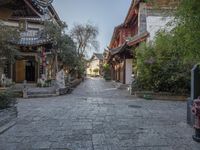 the street leads to many buildings and buildings in a row, on both sides of the streets are trees