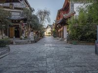 the street leads to many buildings and buildings in a row, on both sides of the streets are trees