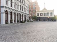 an empty bricked driveway in front of a large building with buildings along the street