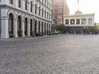 an empty bricked driveway in front of a large building with buildings along the street