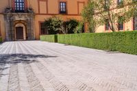 a cobblestone walkway lined with shrubbery and hedges and doors on a yellow building