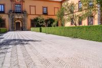 a cobblestone walkway lined with shrubbery and hedges and doors on a yellow building