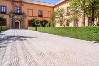 a cobblestone walkway lined with shrubbery and hedges and doors on a yellow building