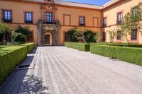 a cobblestone walkway lined with shrubbery and hedges and doors on a yellow building