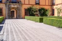 a cobblestone walkway lined with shrubbery and hedges and doors on a yellow building