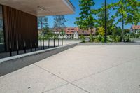 a skateboard that is in the middle of a sidewalk near some trees and buildings