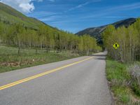 a yellow and black sign is on the street near some mountains and trees in the distance