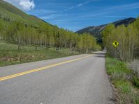 a yellow and black sign is on the street near some mountains and trees in the distance