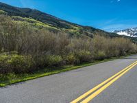 the road is paved with yellow markings and has a snowy mountain range in the background