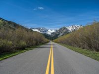 the road is paved with yellow markings and has a snowy mountain range in the background