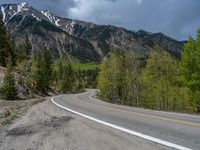 a curve road through a forest with a mountain range in the distance in the background