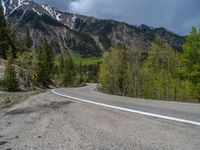 a curve road through a forest with a mountain range in the distance in the background