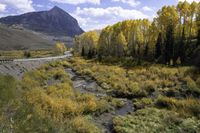 a stream winds through the hills on a sunny day with bright yellow trees and mountain tops in the background