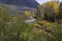 a stream winds through the hills on a sunny day with bright yellow trees and mountain tops in the background