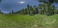 a field with grass and trees under a cloudy sky in this picture is a panoramic