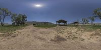 the two cows are on a grassy field outside of a covered structure and one has a tent in the distance