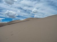 footprints are spread across the sand dunes in the desert while clouds loom overhead from behind them