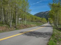 a yellow and black sign is on the street near some mountains and trees in the distance