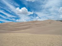 the sky is partly filled with clouds and sand dunes on top of a mountain range