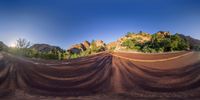 a photo looking down a deserted road with many trees and rocks behind it under the blue sky