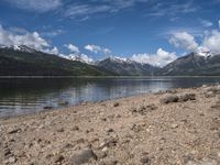 a lake with rocks on the shore and mountains in the background along side it and snow capped hills