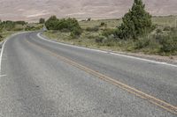 an asphalt road with a few trees near the side of it and sand dunes in the back