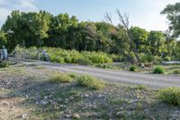 the gravel road runs through the grass next to some trees and brush and water with a small bridge crossing over it