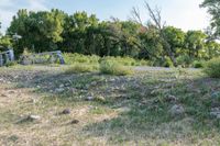 the gravel road runs through the grass next to some trees and brush and water with a small bridge crossing over it