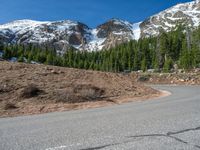 the curved road is near an evergreen mountain side area with rocks and trees in winter